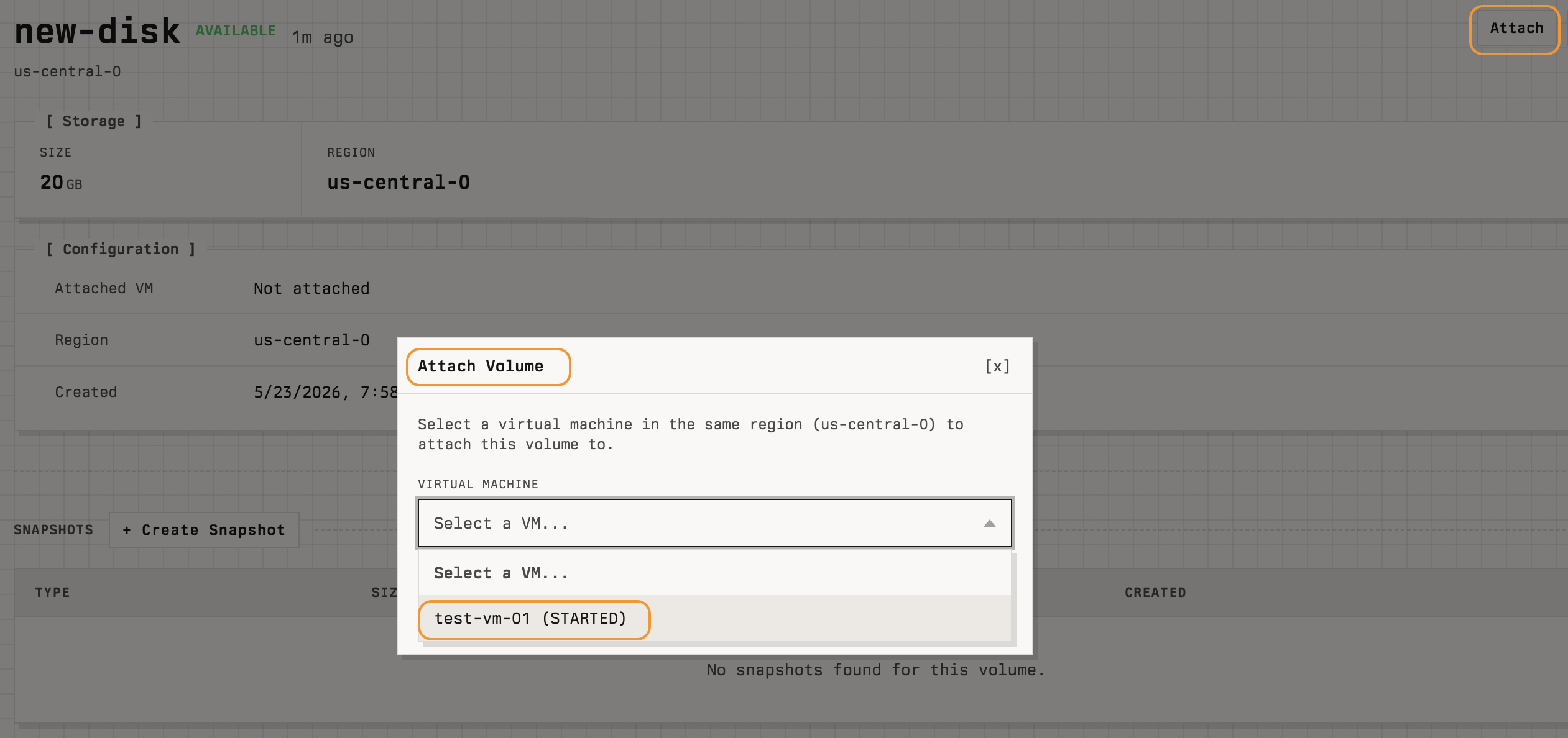 Attach Volume dialog with the Virtual machine dropdown