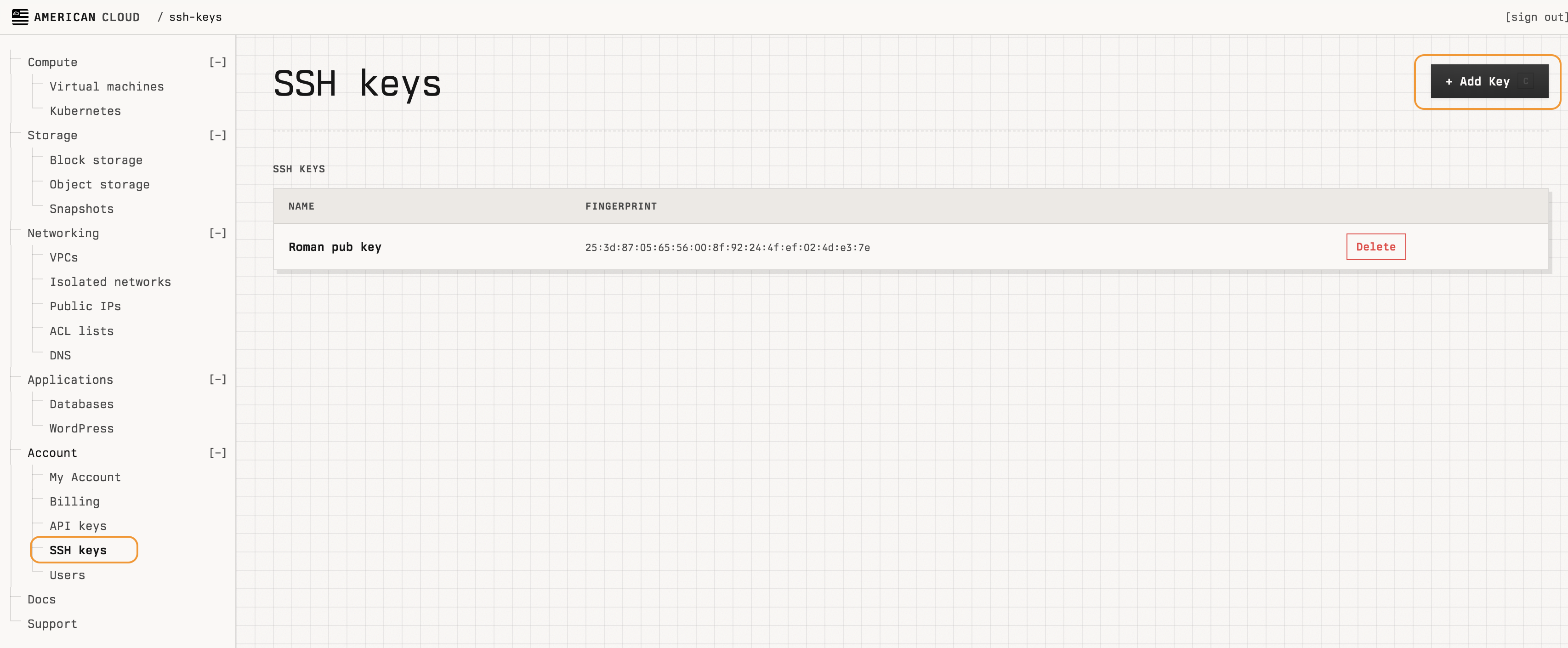 SSH keys page in the portal with the Add Key button highlighted