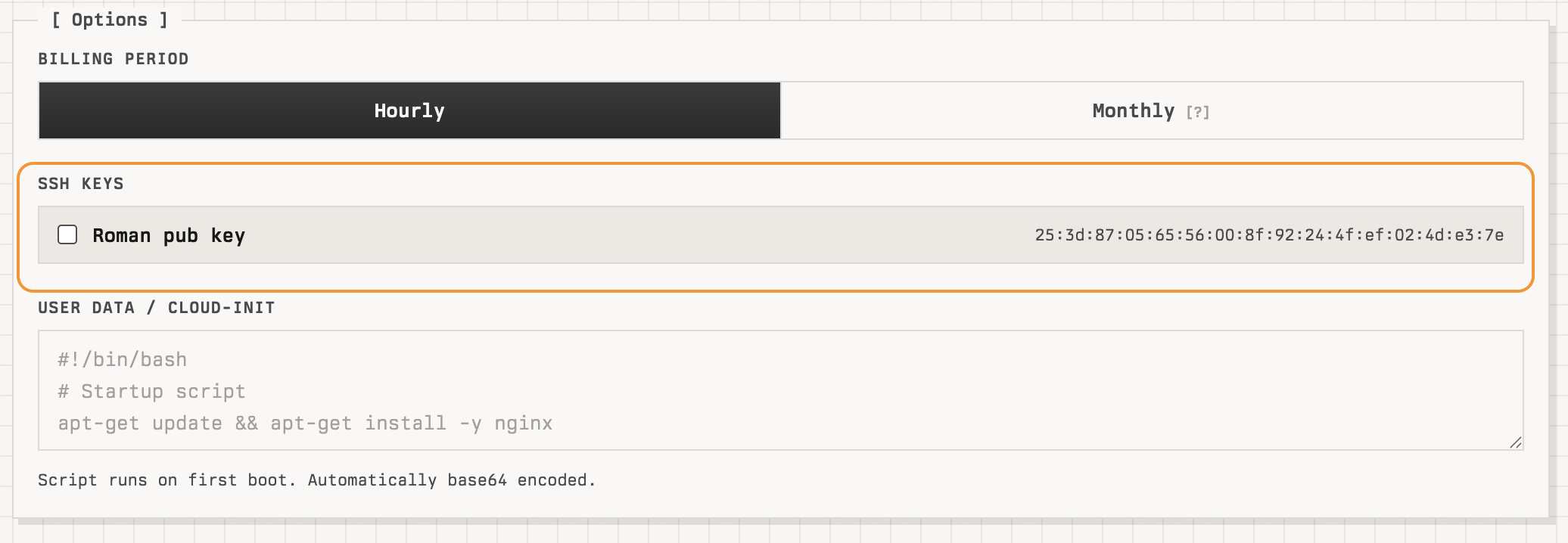 Options section of the Create VM page showing the SSH keys field