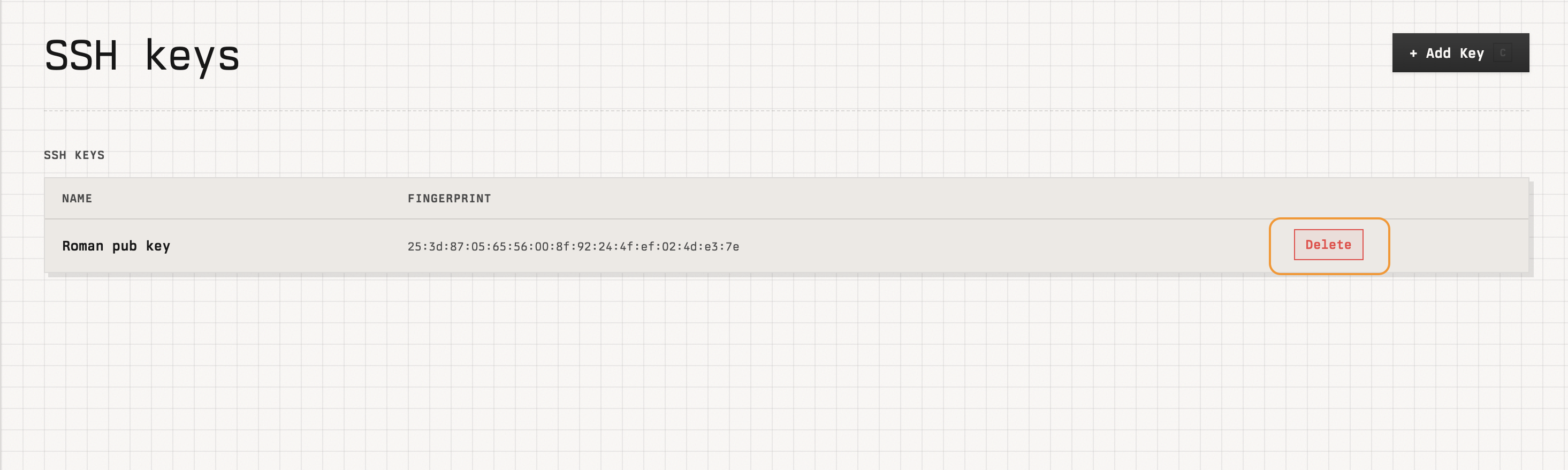 SSH keys page with the Delete button on a key row