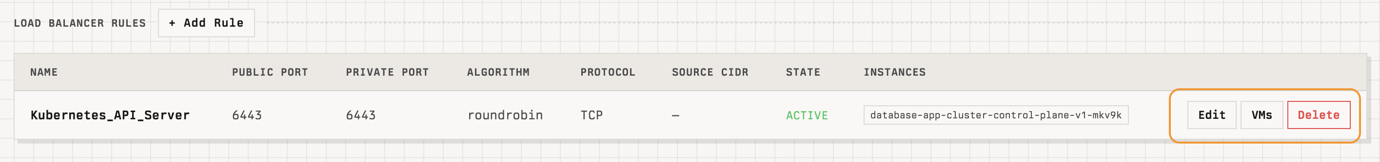 Load Balancer Rules list showing an active rule with Edit, VMs, and Delete actions