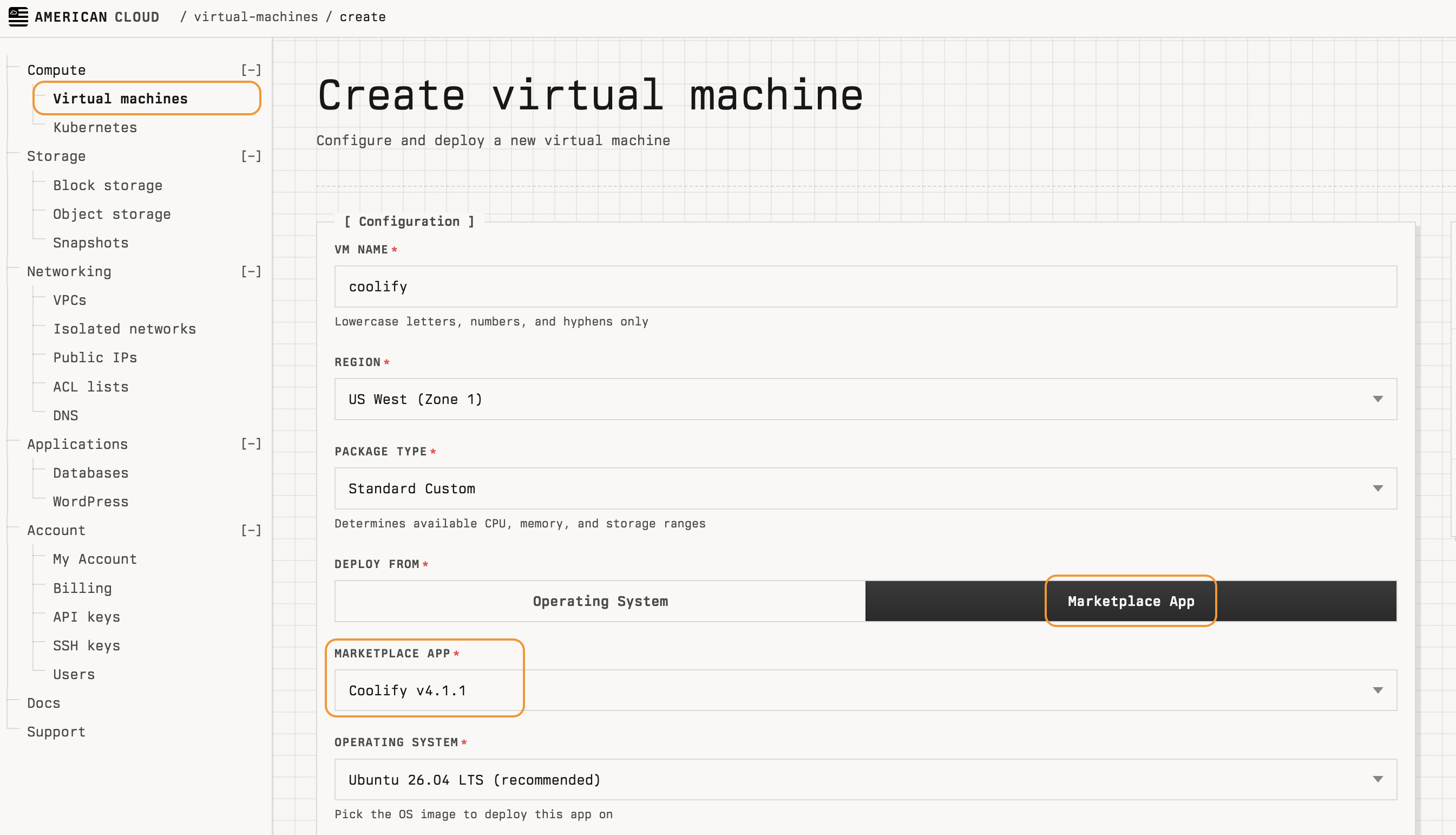 Create virtual machine page with Marketplace App tab and Coolify selected