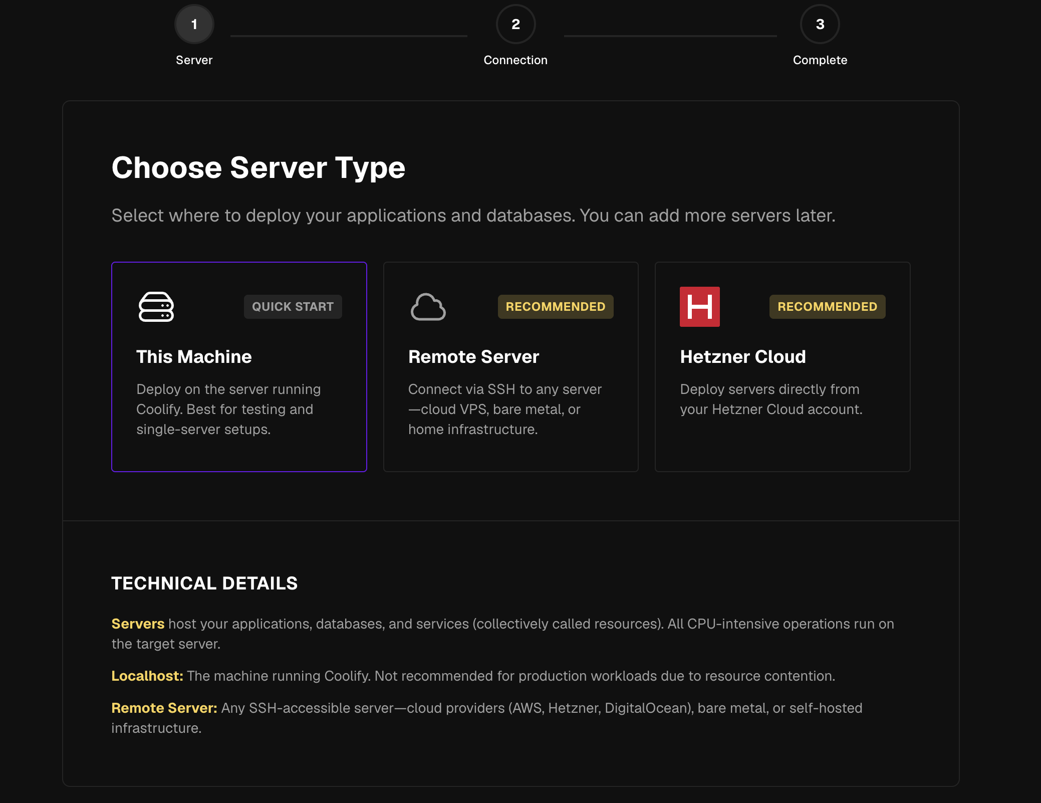 Coolify Choose Server Type with This Machine selected