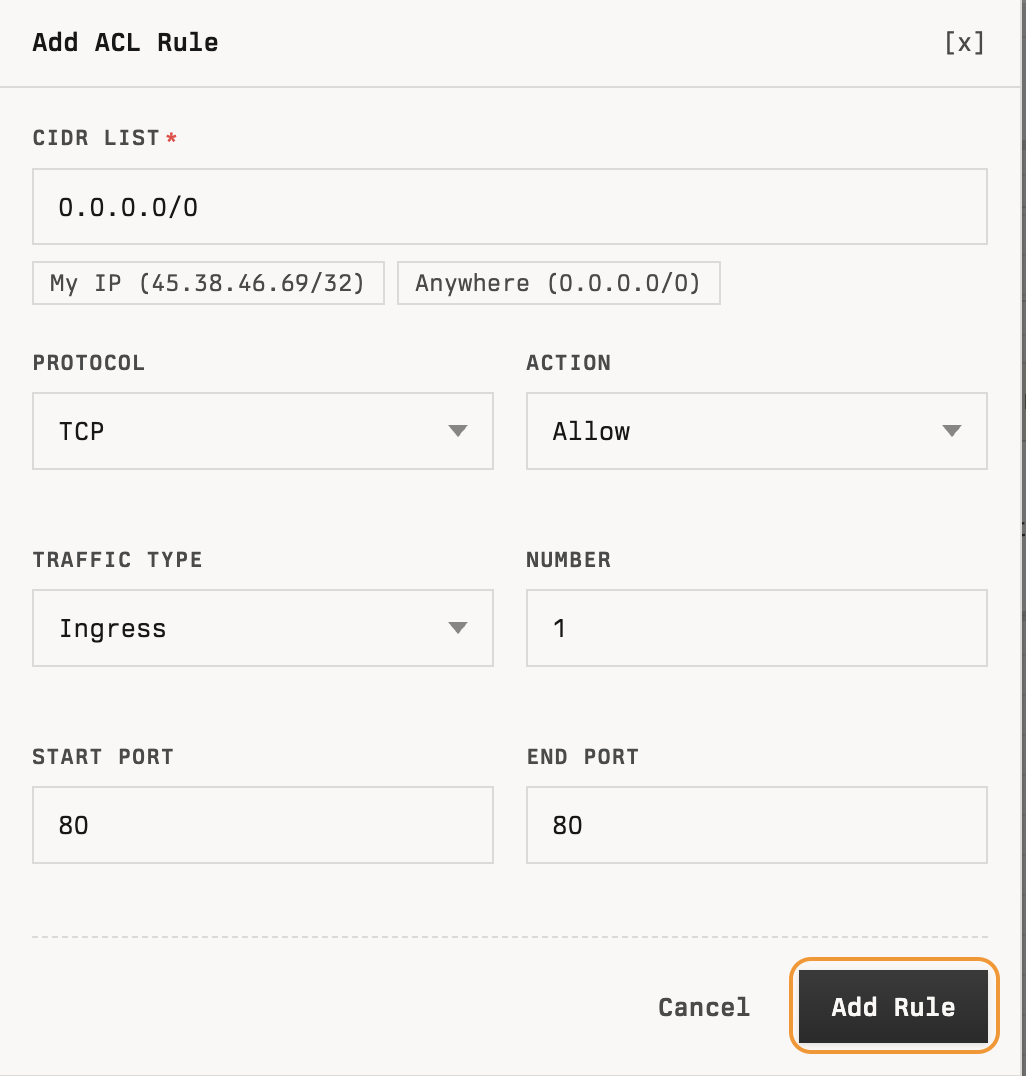 Add ACL Rule dialog with CIDR list, protocol, action, traffic type, number, and port fields