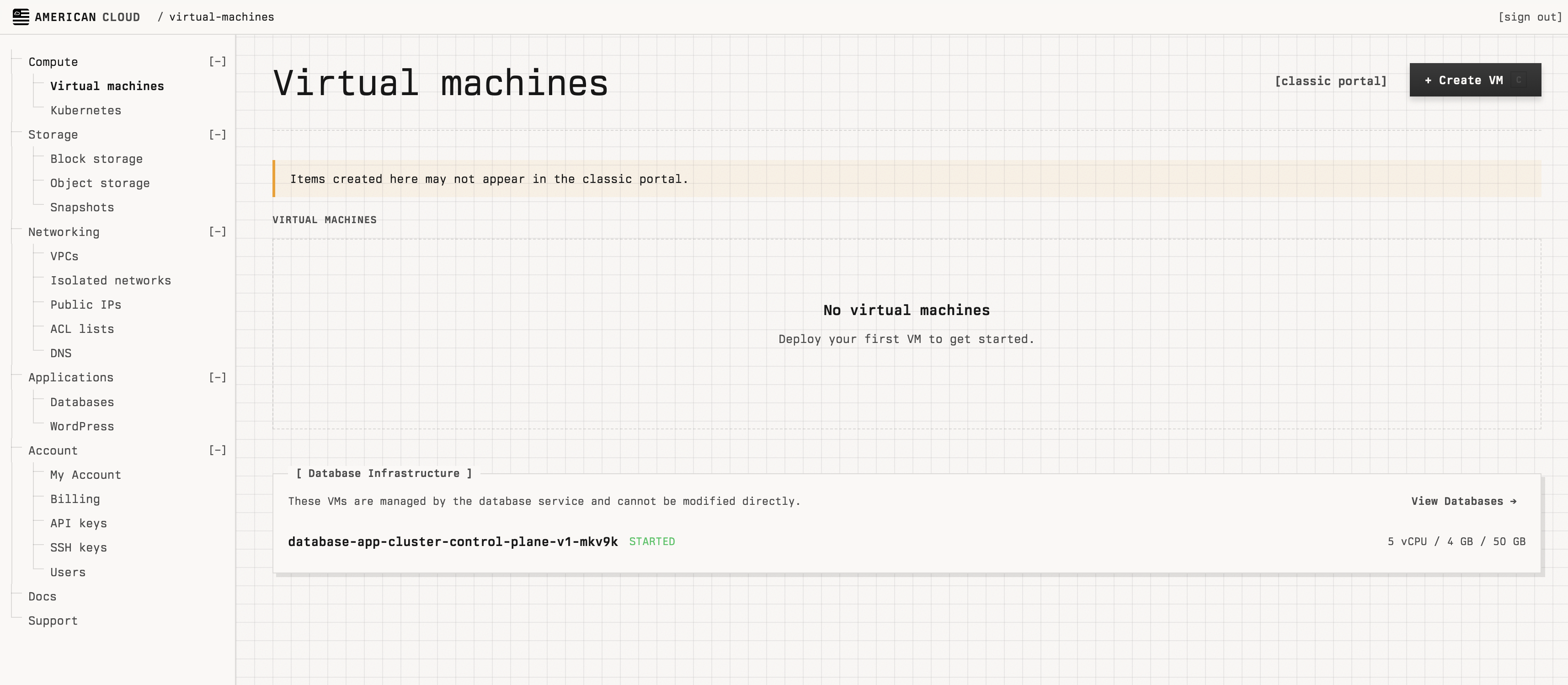 Virtual machines list with the Create VM button