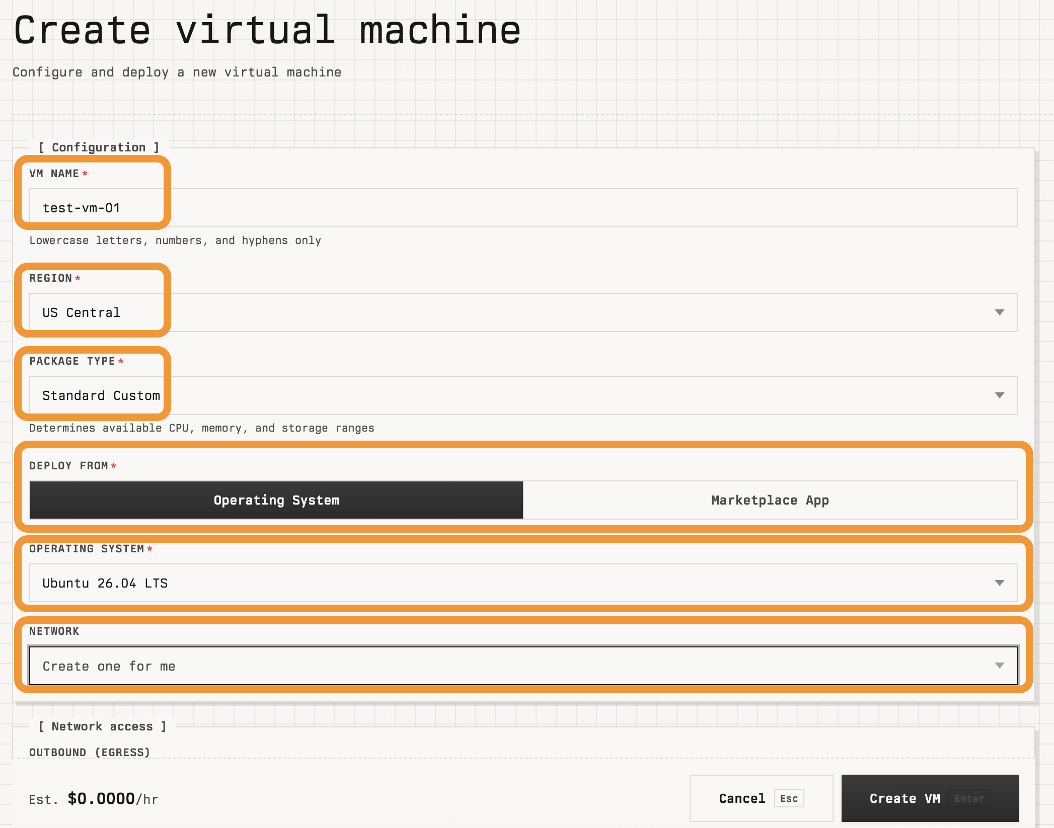 Create VM Configuration section