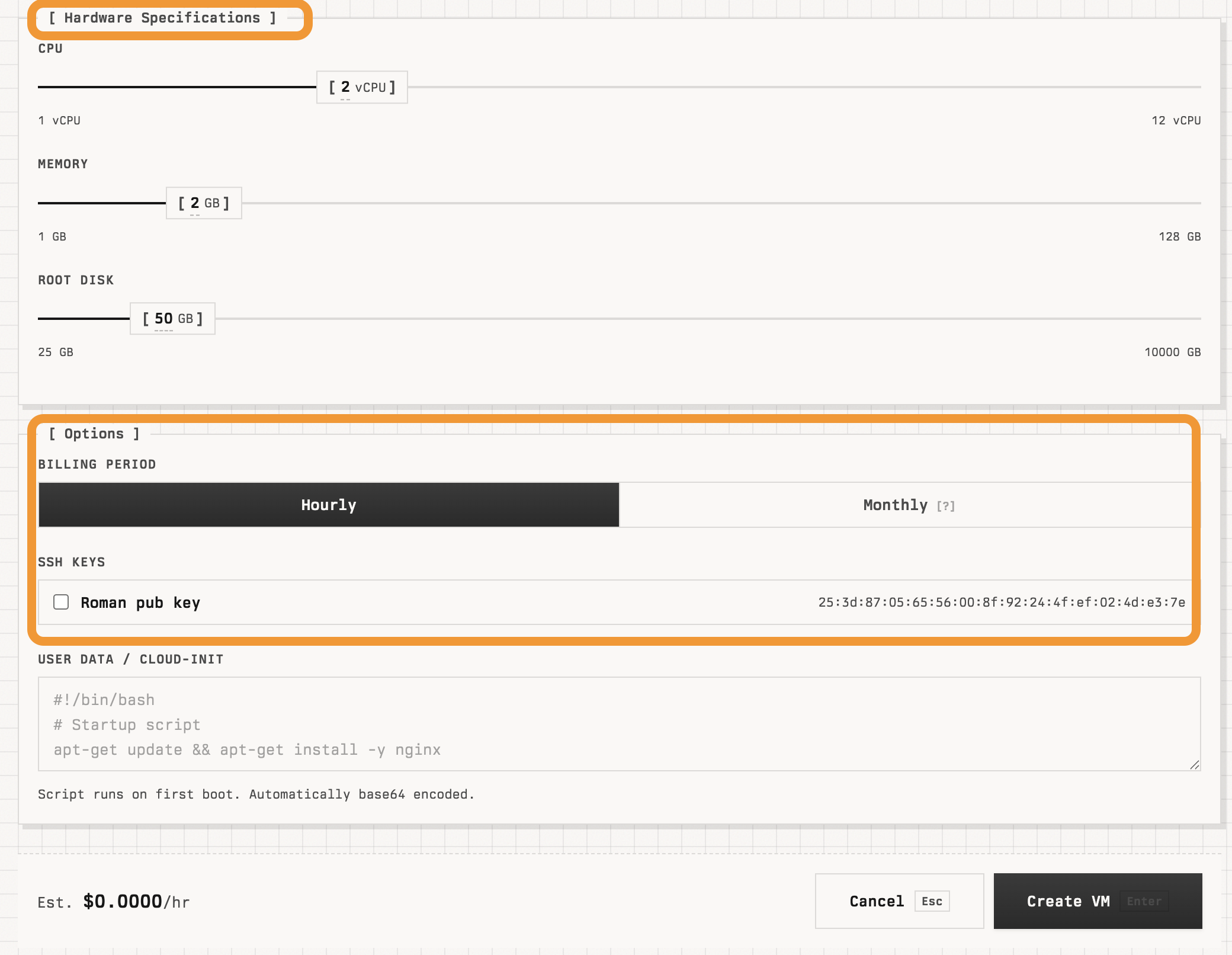 Create VM Options section with SSH keys and User data fields