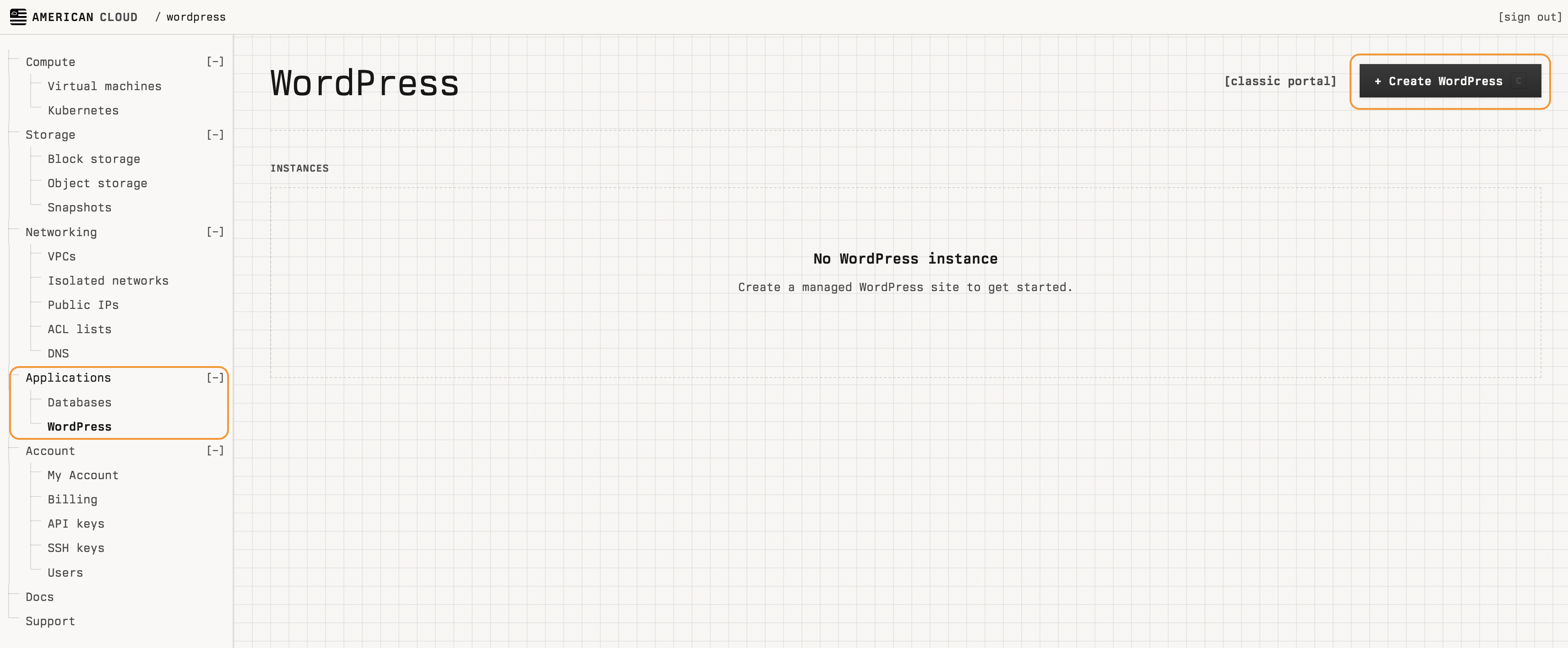 WordPress page in the portal with the Create WordPress button