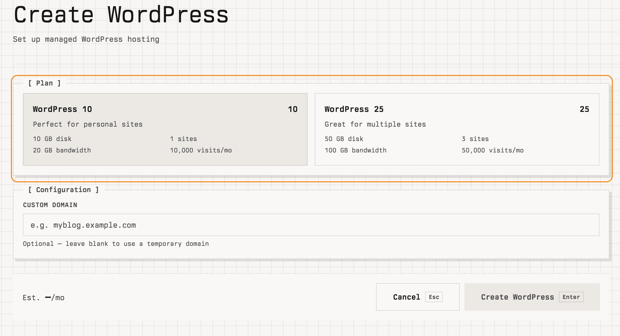Create WordPress page showing the Plan selector and Configuration section