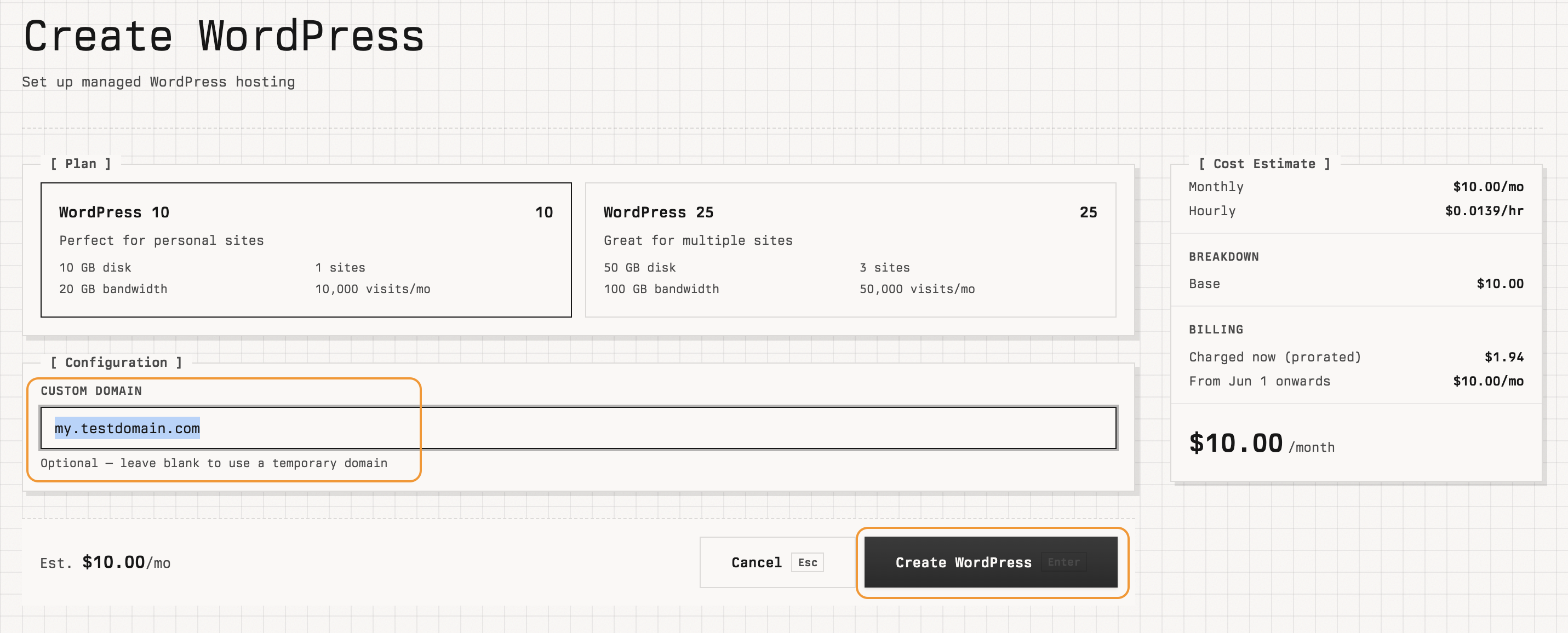 Create WordPress page with a plan selected, custom domain entered, and cost estimate panel