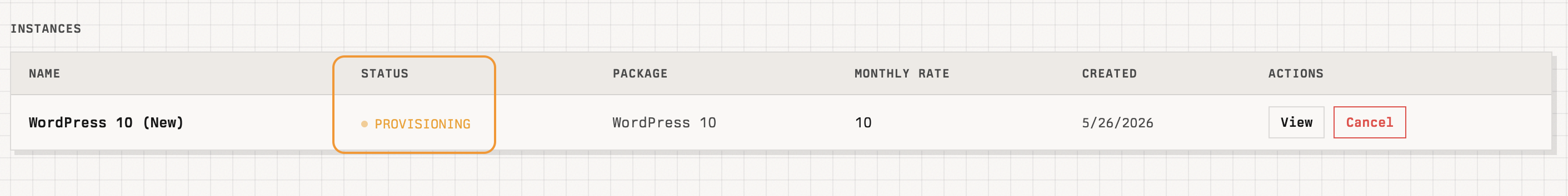 Instances list showing a new instance with status PROVISIONING