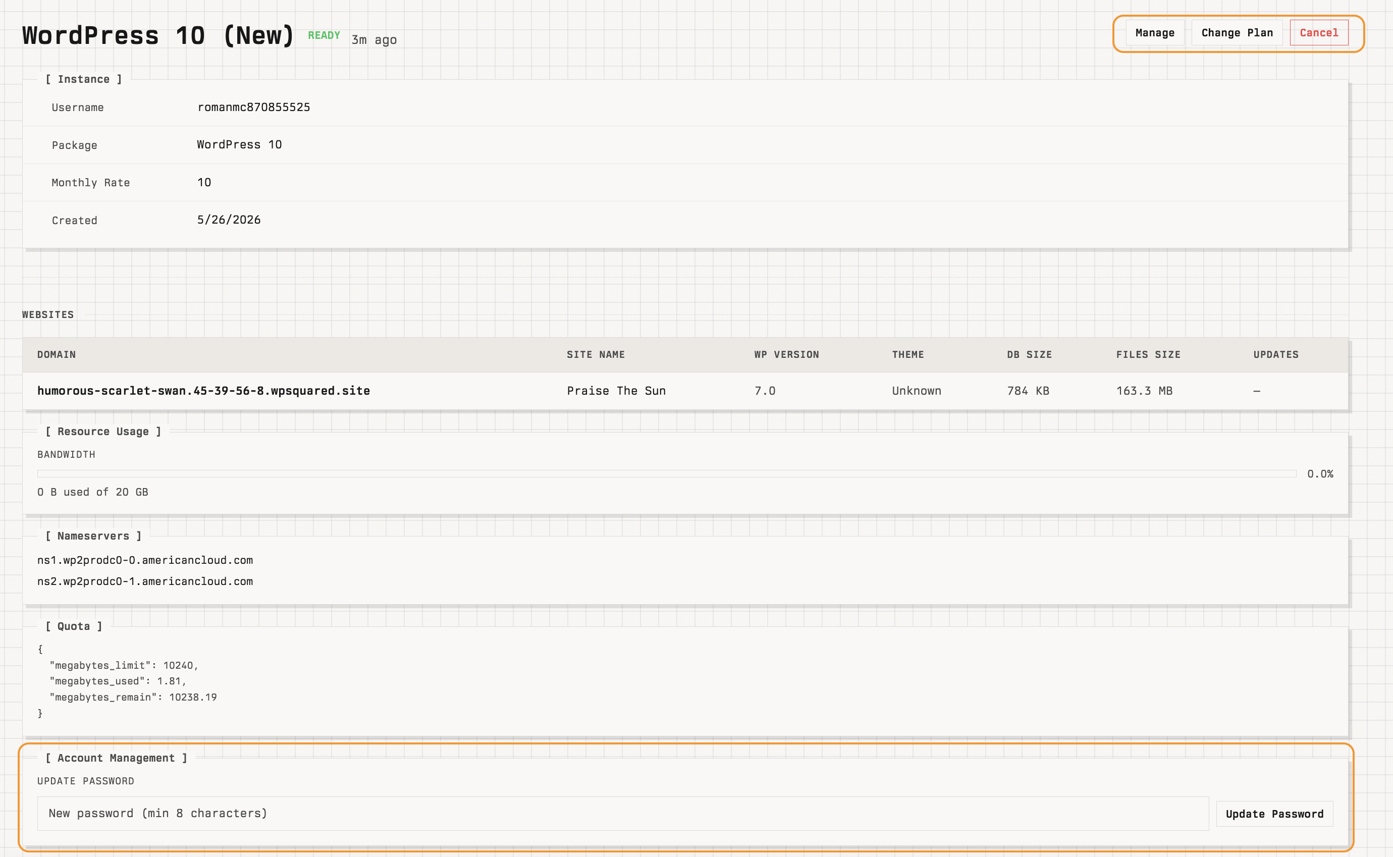 WordPress instance detail page with Manage, Change Plan, and Cancel actions, and panels for Instance, Websites, Resource Usage, Nameservers, Quota, and Account Management